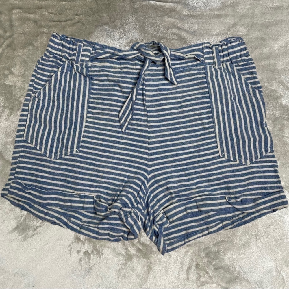 Jolt Striped Lightweight Linen Rayon Paperbag Belted Pocketed Shorts Size Large